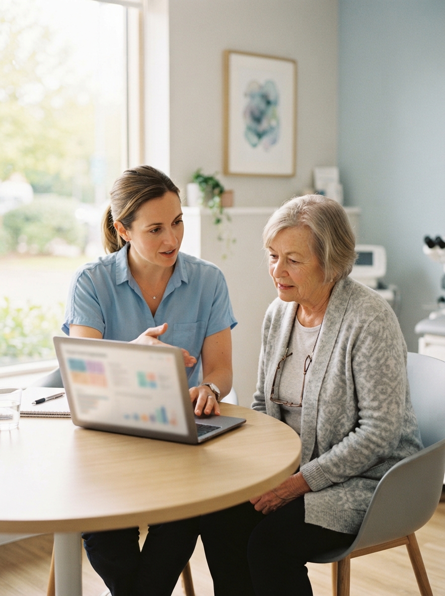 Two women discuss an open laptop at a round table in a bright room.