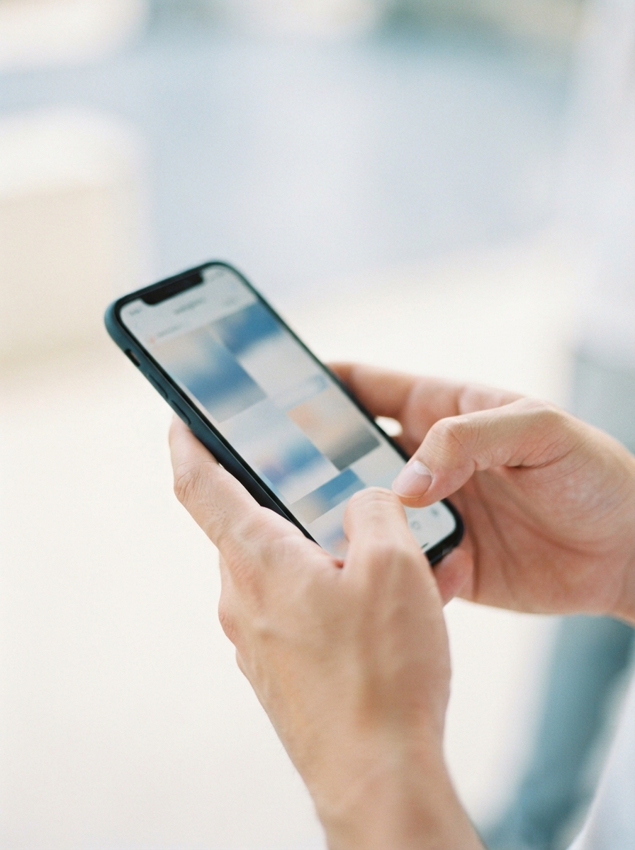 Hands holding a black smartphone displaying blurred blue, white, and peach blocks.