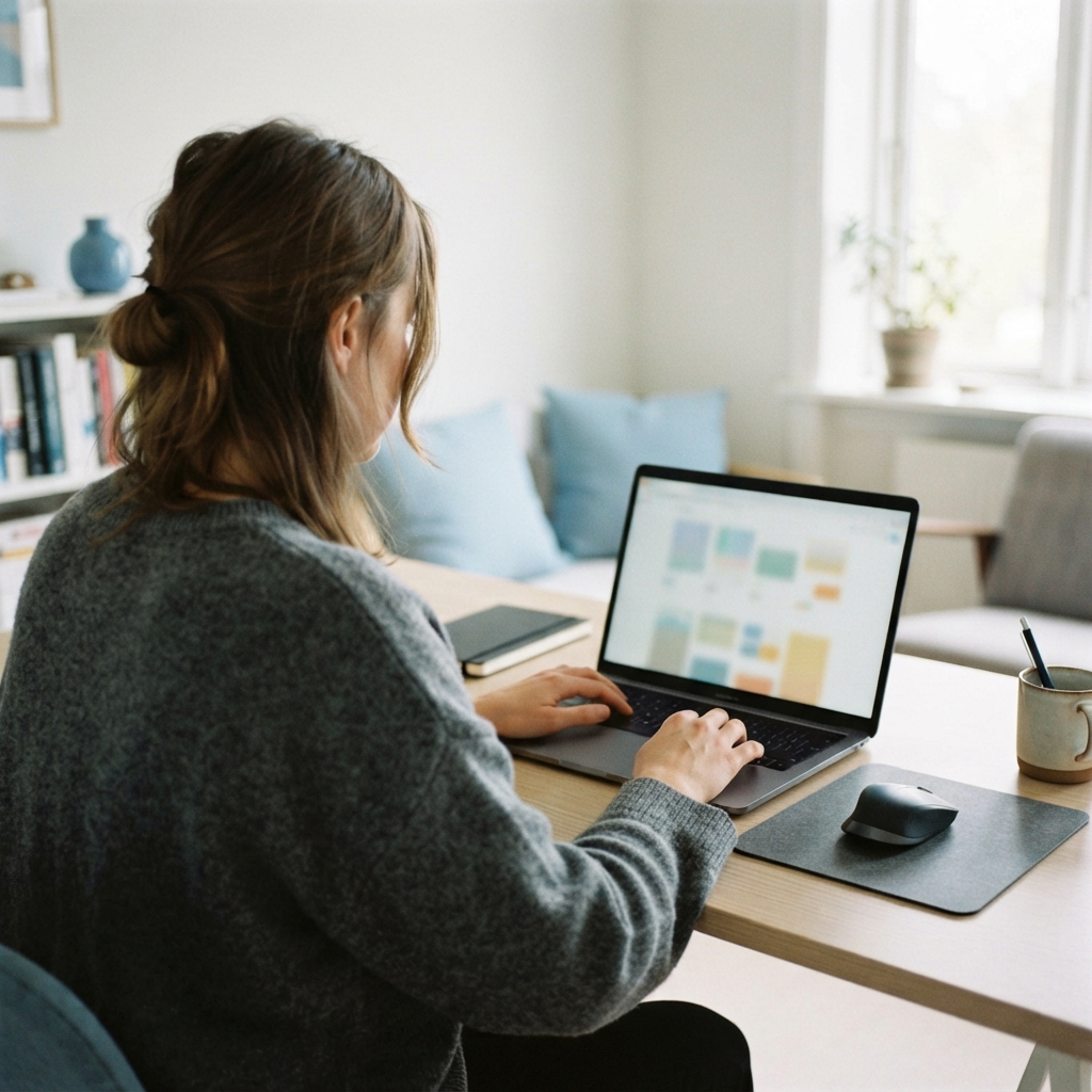 Woman using a laptop at a light wood desk in a bright room.