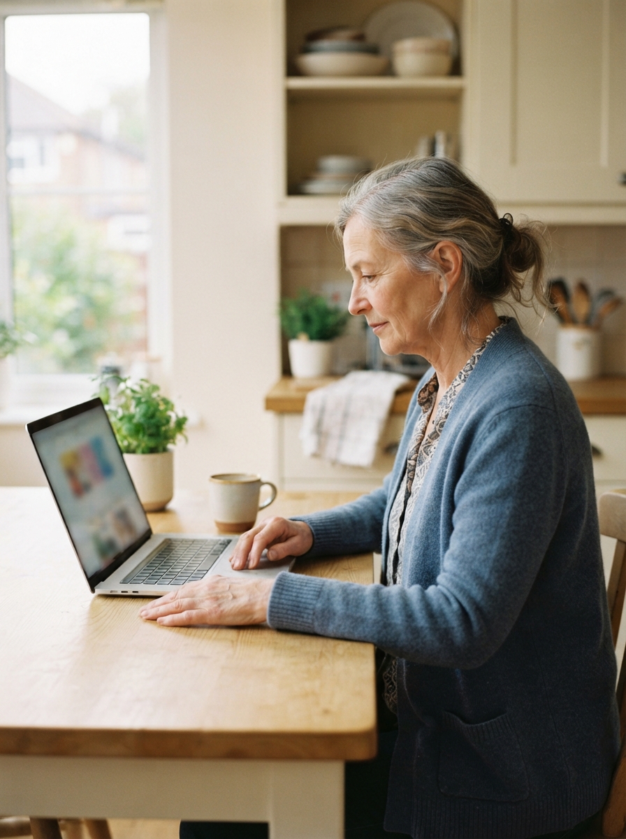 Older woman in a blue cardigan uses a laptop at a wooden kitchen table.